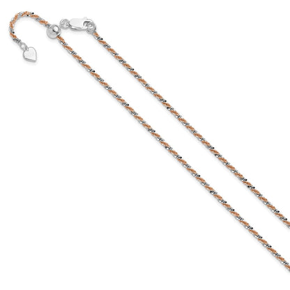 22 Inch Sterling Silver W/Rose-Tone Adjustable 2mm Cyclone Chain Necklace