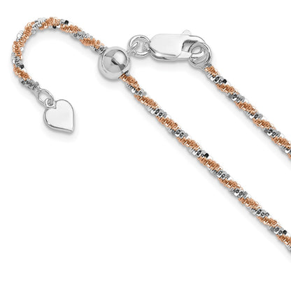 22 Inch Sterling Silver W/Rose-Tone Adjustable 2mm Cyclone Chain Necklace
