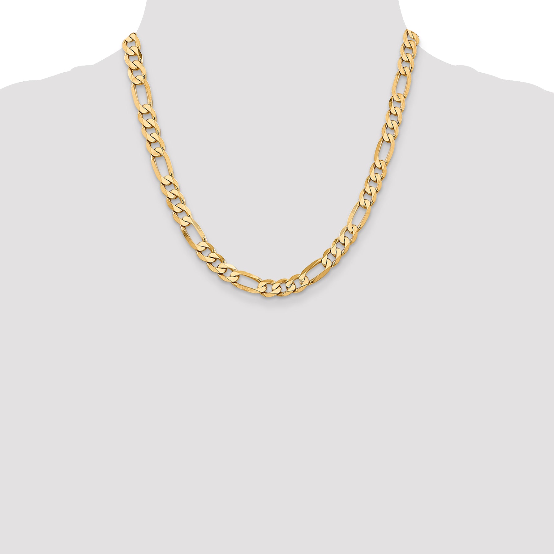 Solid 14K Yellow Gold 20 inch 7.5mm Flat Figaro with Lobster Clasp Chain Necklace