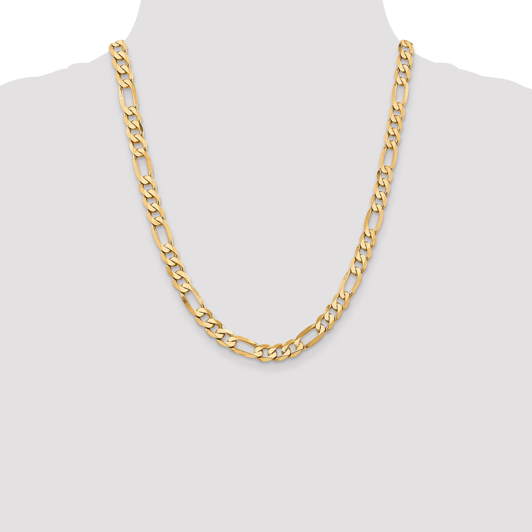 Solid 14K Yellow Gold 22 inch 7.5mm Flat Figaro with Lobster Clasp Chain Necklace