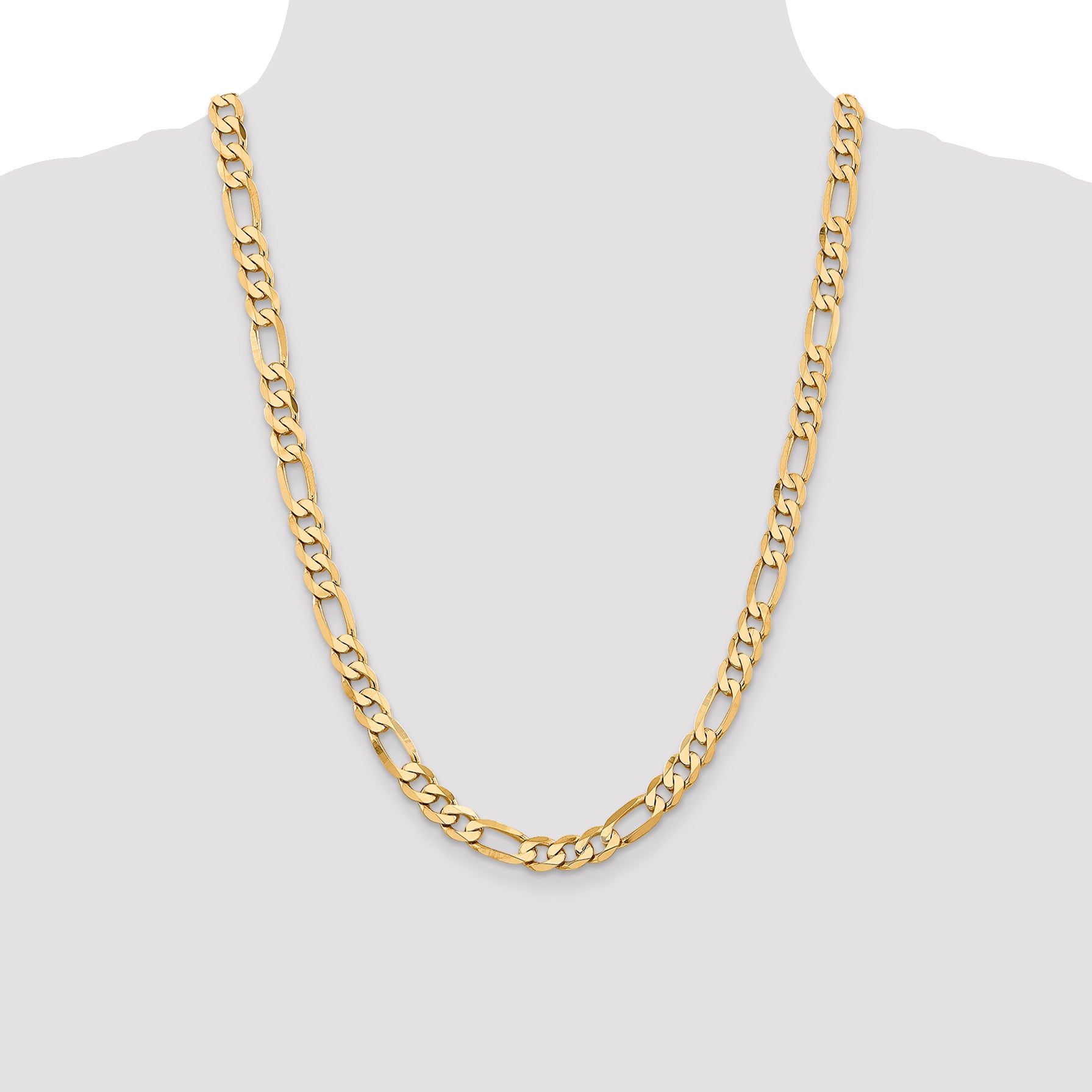 Solid 14K Yellow Gold 24 inch 7.5mm Flat Figaro with Lobster Clasp Chain Necklace