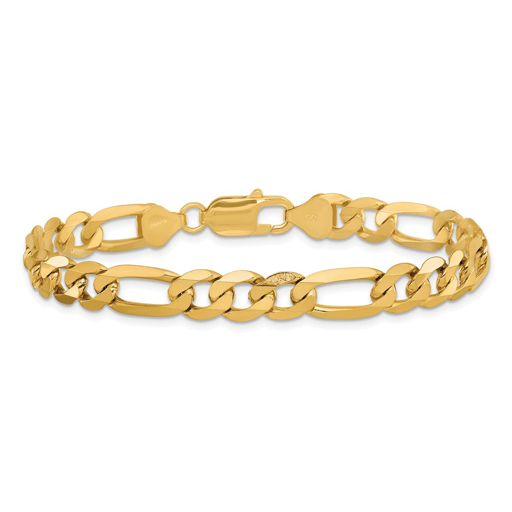 Solid 14K Yellow Gold 9 inch 7.5mm Flat Figaro with Lobster Clasp Chain Bracelet