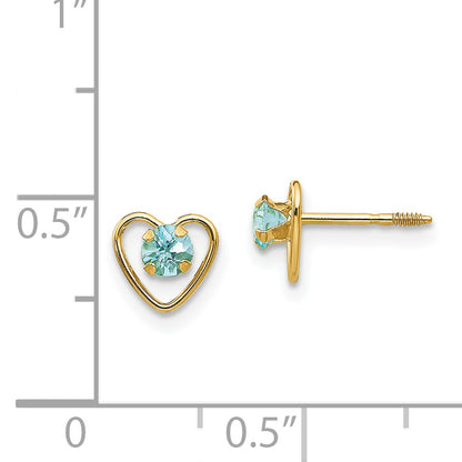 14K Yellow Gold Madi K 3mm Genuine Aquamarine Birthstone Heart Earrings