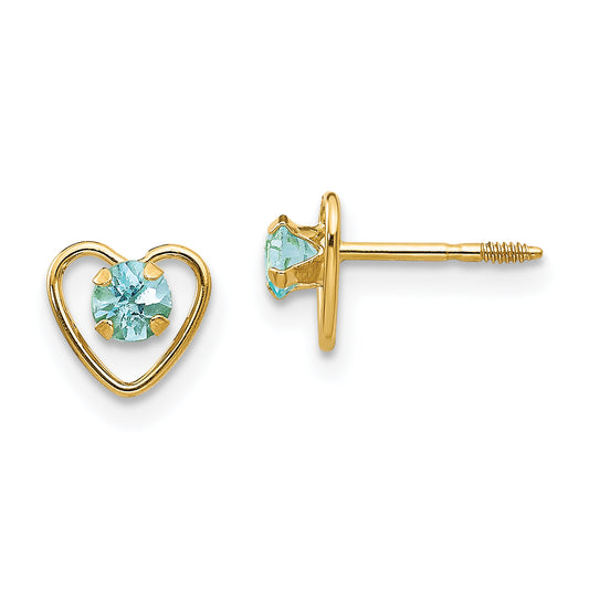 14K Yellow Gold Madi K 3mm Genuine Aquamarine Birthstone Heart Earrings