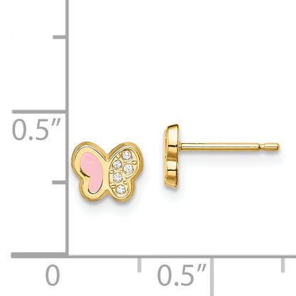 14K Yellow Gold Madi K Cz Pink Enamel Butterfly Post Earrings