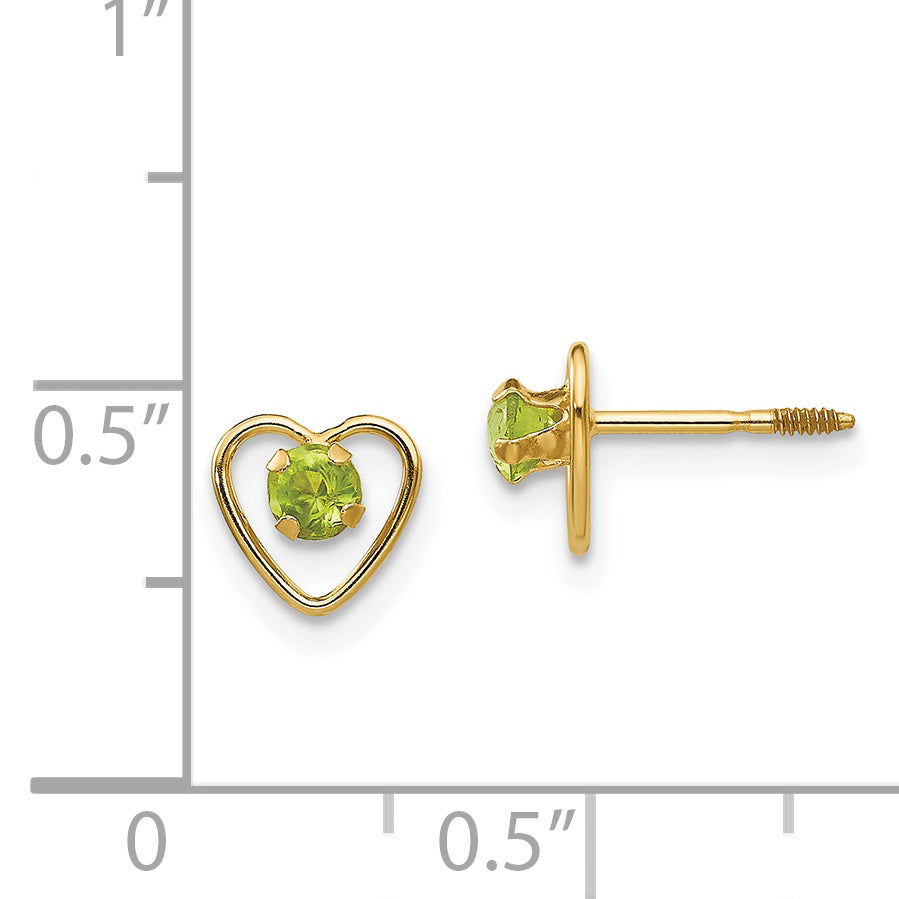 14K Yellow Gold Madi K 3mm Genuine Peridot Birthstone Heart Earrings