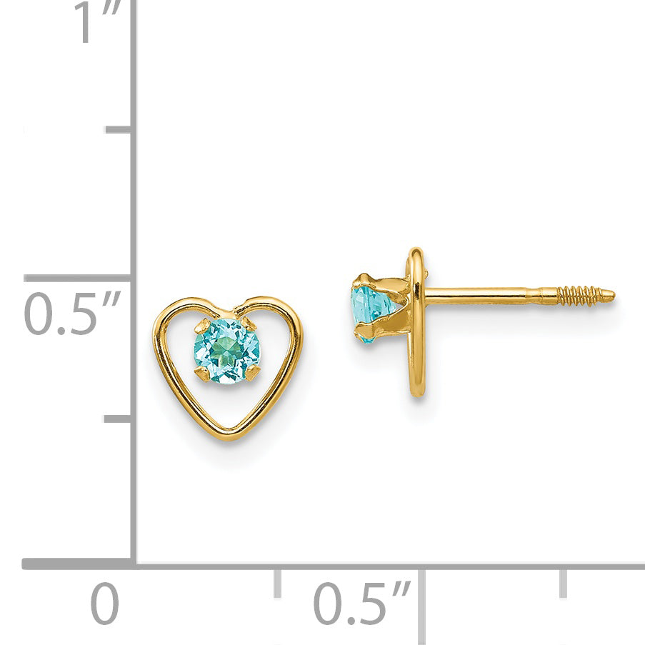 14K Yellow Gold Madi K 3mm Genuine Blue Topaz Birthstone Heart Earrings