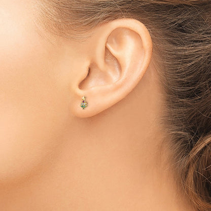 14K Yellow Gold Madi K Red & Clear Cz Green Glass Christmas Tree Post Earrings