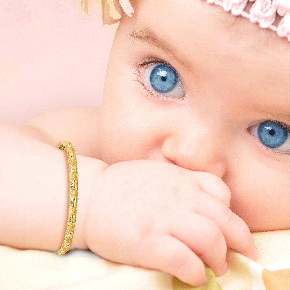 14K Yellow Gold Polished Satin and Diamond-Cut Adjustable Baby Bangle