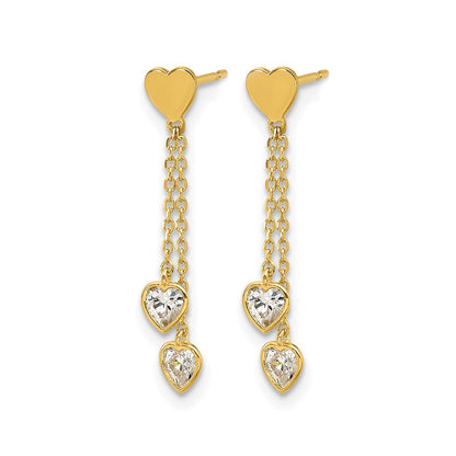 14K Yellow Gold Madi K Polished CZ Hearts Post Dangle Earrings