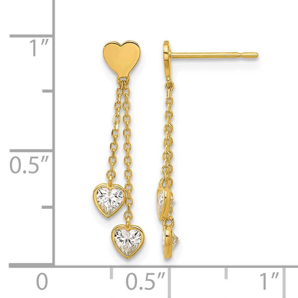 14K Yellow Gold Madi K Polished CZ Hearts Post Dangle Earrings