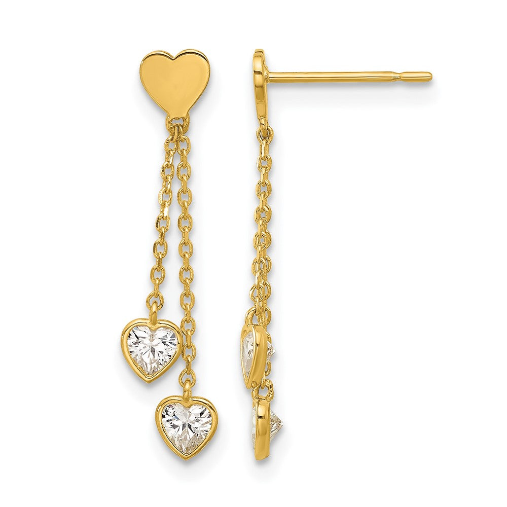 14K Yellow Gold Madi K Polished CZ Hearts Post Dangle Earrings