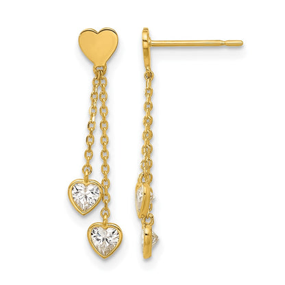 14K Yellow Gold Madi K Polished CZ Hearts Post Dangle Earrings