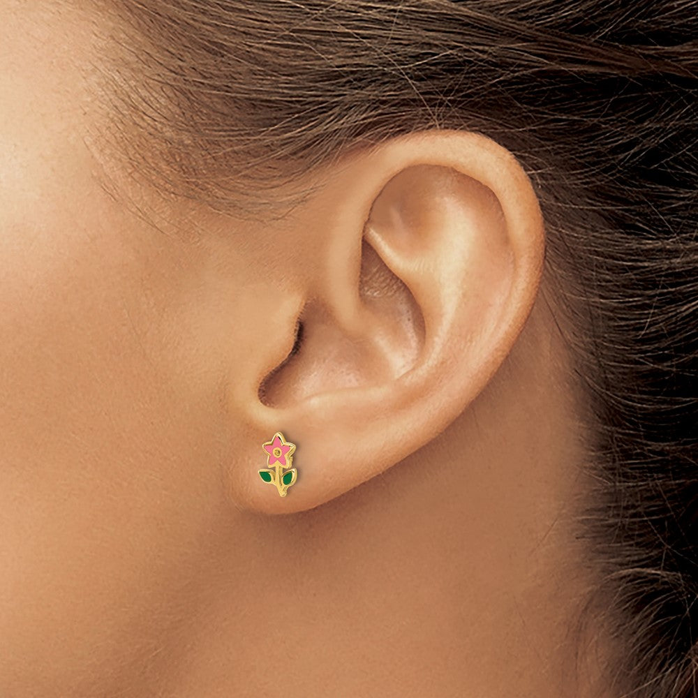 14K Yellow Gold Madi K Polished Enameled Flower Post Earrings