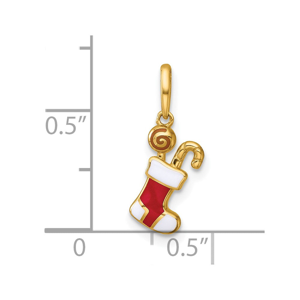 14K Yellow Gold Madi K Polished Red/white Epoxy Christmas Stocking Pendant