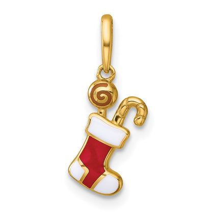 14K Yellow Gold Madi K Polished Red/white Epoxy Christmas Stocking Pendant