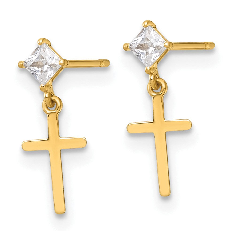 14K Yellow Gold Madi K Polished CZ Cross Post Dangle Earrings