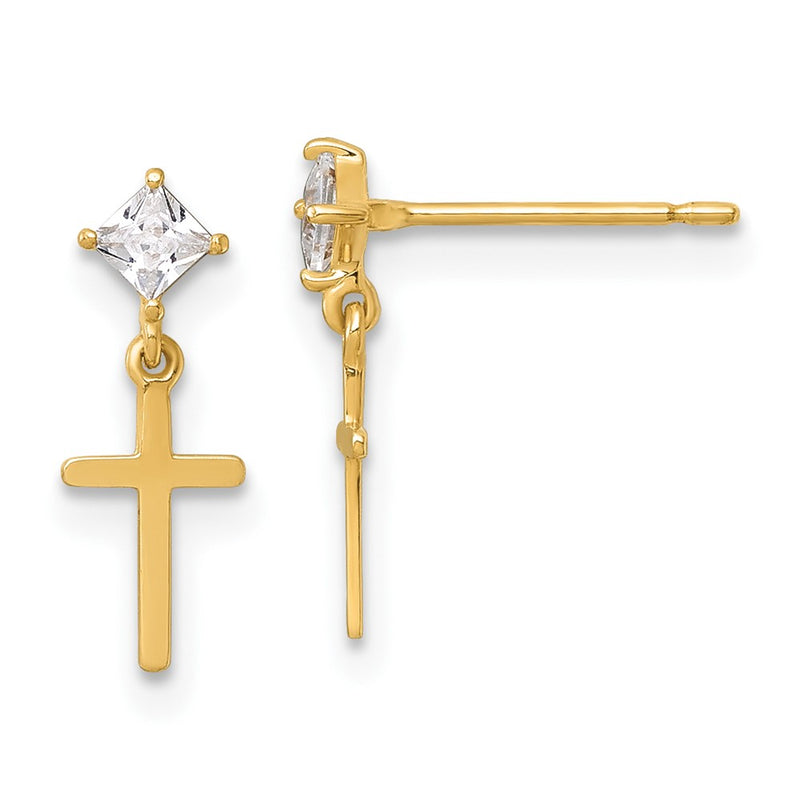 14K Yellow Gold Madi K Polished CZ Cross Post Dangle Earrings