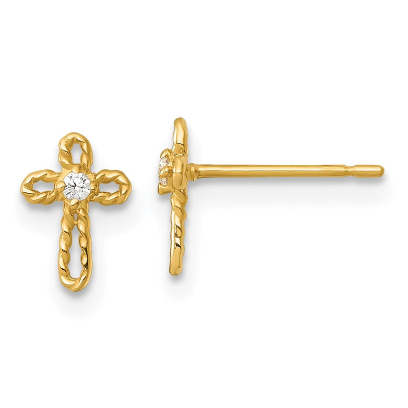 14K Yellow Gold Madi K Polished and Twisted CZ Cross Post Earrings