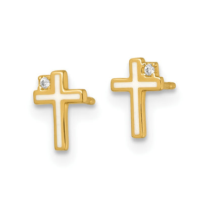 14K Yellow Gold Madi K Polished Enameled CZ Cross Post Earrings