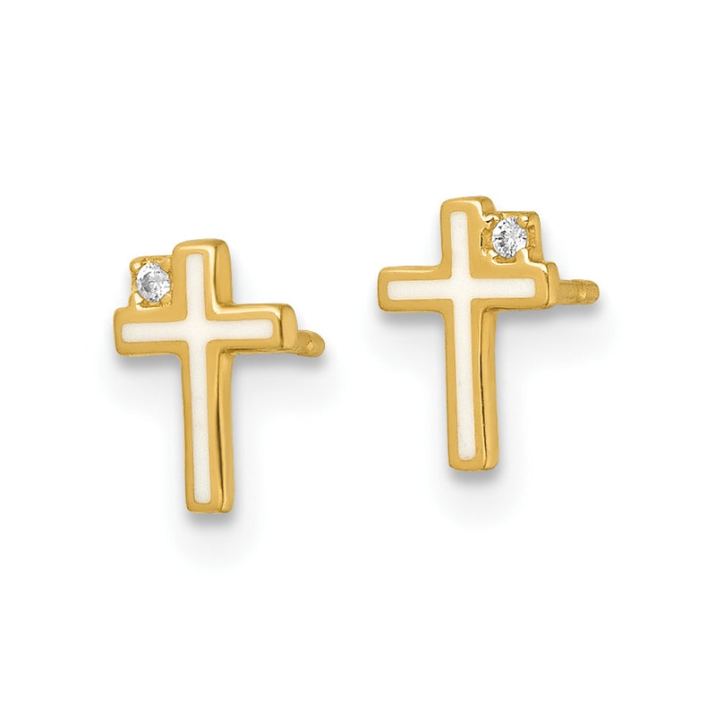 14K Yellow Gold Madi K Polished Enameled CZ Cross Post Earrings