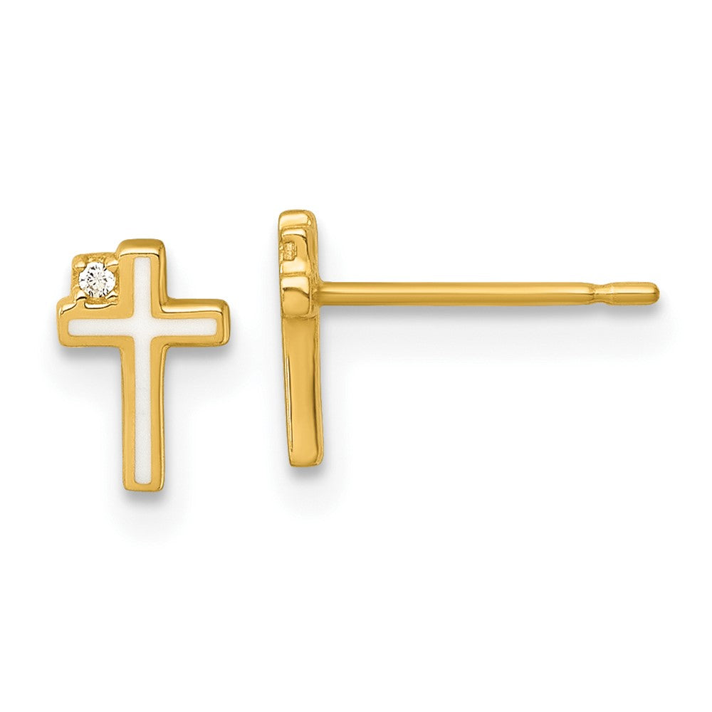 14K Yellow Gold Madi K Polished Enameled CZ Cross Post Earrings