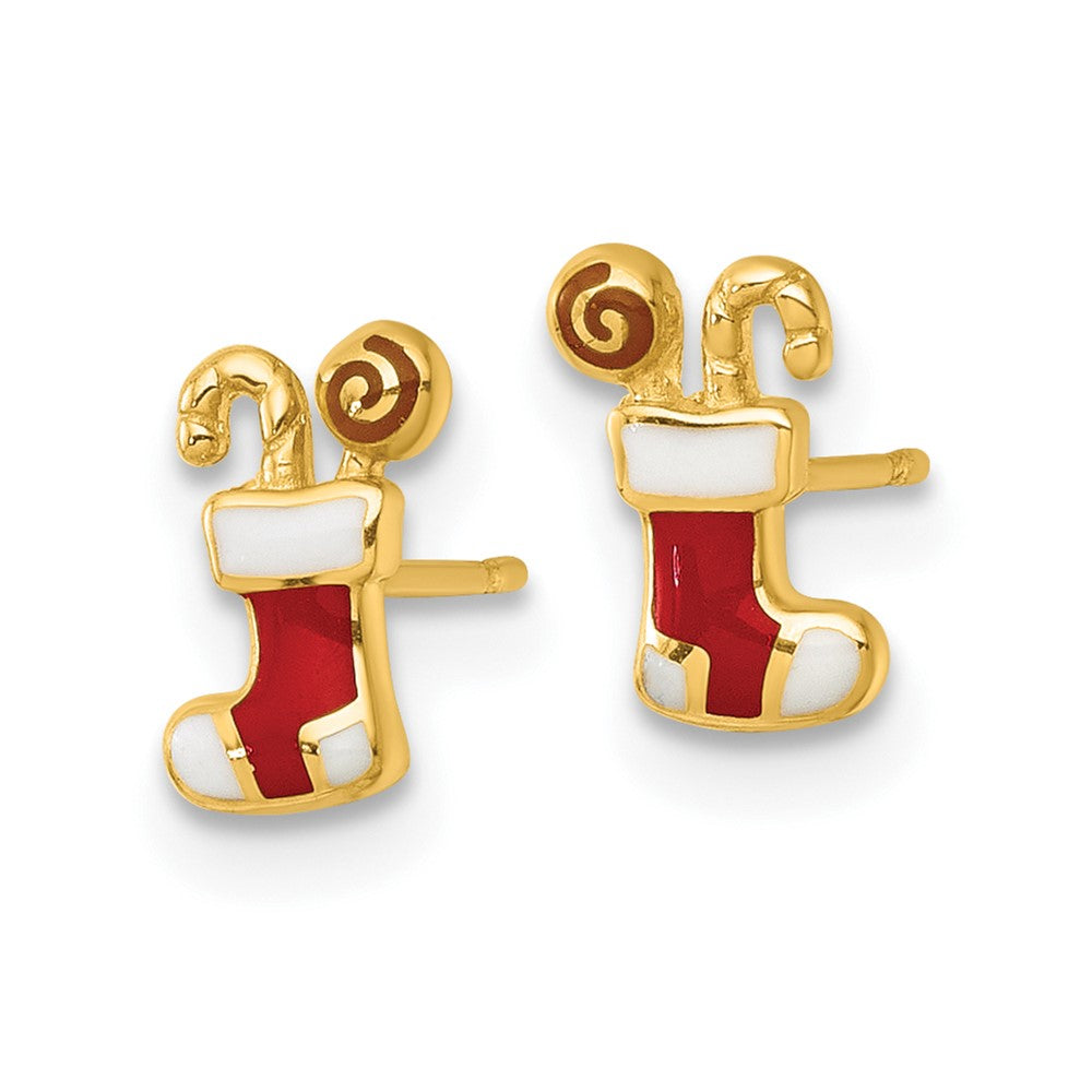 14K Yellow Gold Madi K Polished Enameled Christmas Stocking Post Earrings