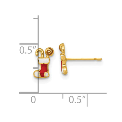 14K Yellow Gold Madi K Polished Enameled Christmas Stocking Post Earrings