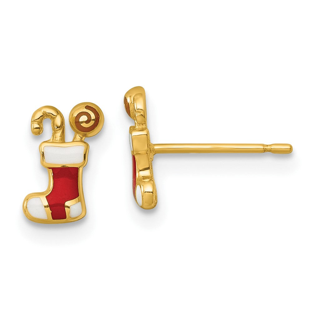 14K Yellow Gold Madi K Polished Enameled Christmas Stocking Post Earrings