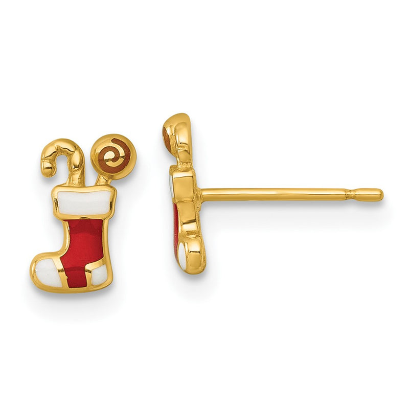 14K Yellow Gold Madi K Polished Enameled Christmas Stocking Post Earrings