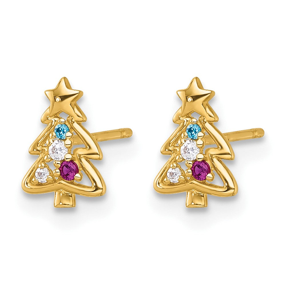 14K Yellow Gold Madi K Polished Green Glass Red and CZ Christmas Tree Post Earrings