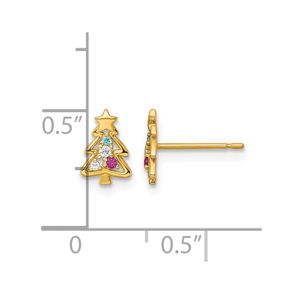 14K Yellow Gold Madi K Polished Green Glass Red and CZ Christmas Tree Post Earrings