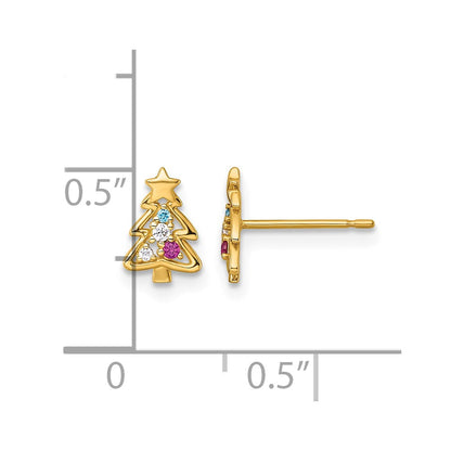14K Yellow Gold Madi K Polished Green Glass Red and CZ Christmas Tree Post Earrings