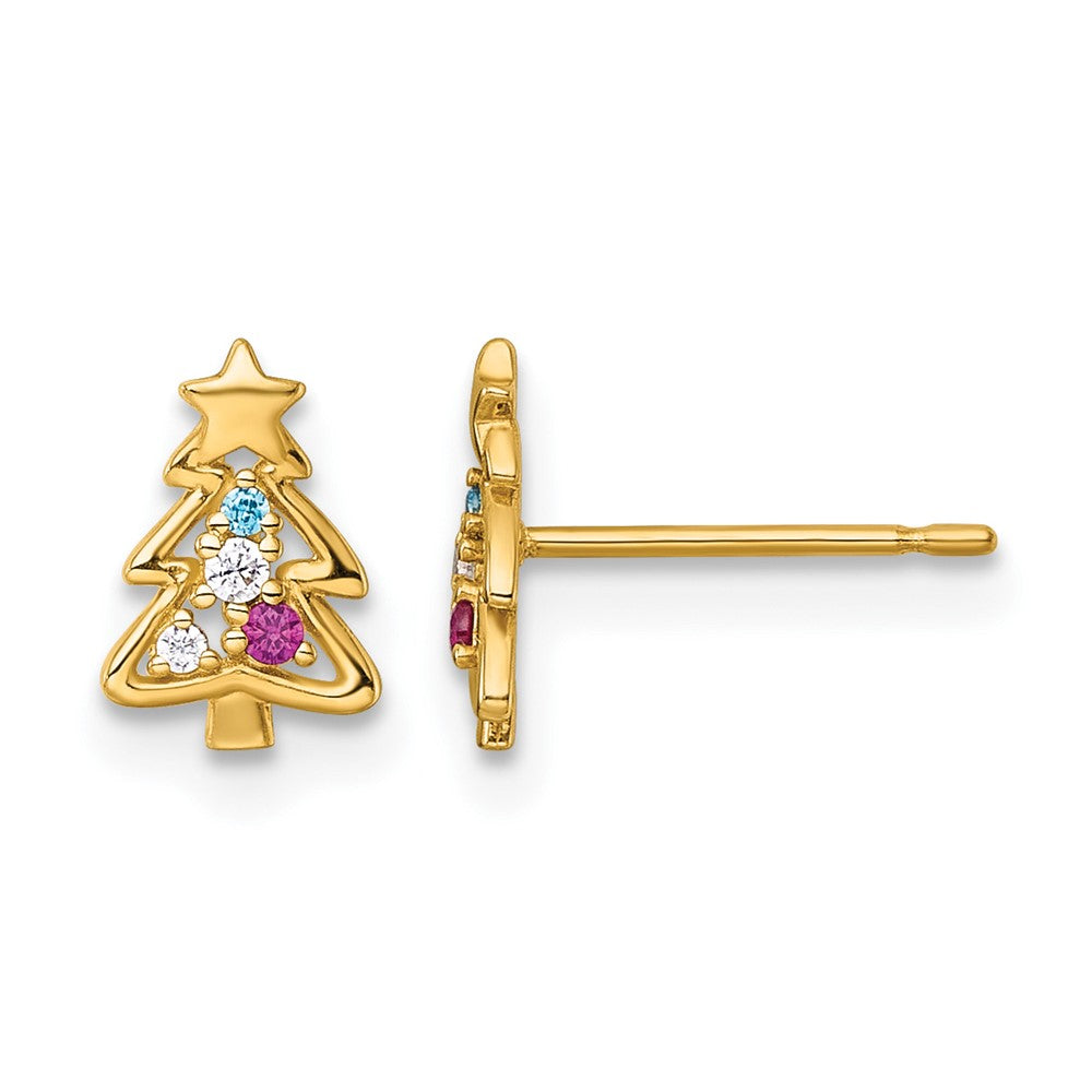 14K Yellow Gold Madi K Polished Green Glass Red and CZ Christmas Tree Post Earrings