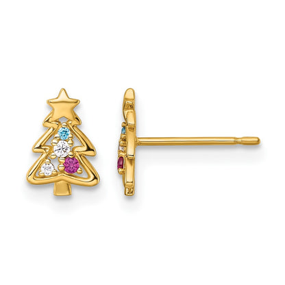 14K Yellow Gold Madi K Polished Green Glass Red and CZ Christmas Tree Post Earrings