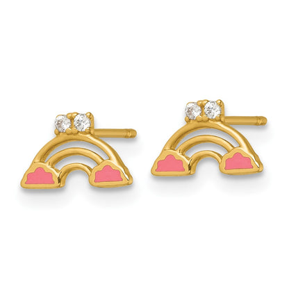 14K Yellow Gold Madi K Polished Pink Enamel and CZ Rainbow Post Earrings