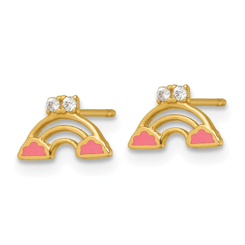 14K Yellow Gold Madi K Polished Pink Enamel and CZ Rainbow Post Earrings