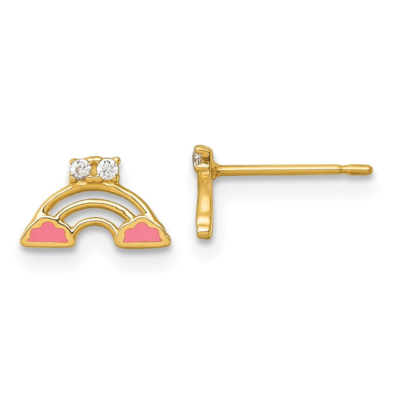 14K Yellow Gold Madi K Polished Pink Enamel and CZ Rainbow Post Earrings