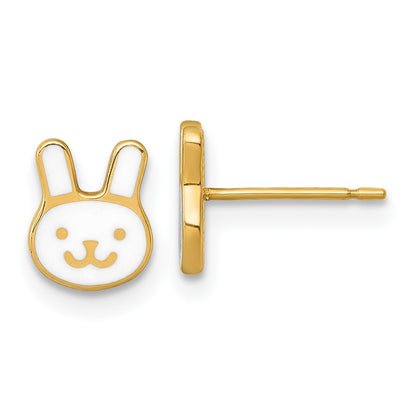 14K Yellow Gold Madi K Polished White Enamel Bunny Face Post Earrings