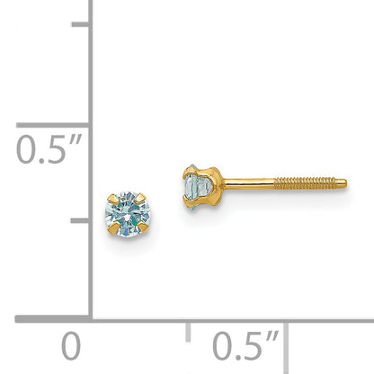 14K Yellow Gold Madi K 3mm Imitation Aquamarine Birthstone Earrings (Mar)