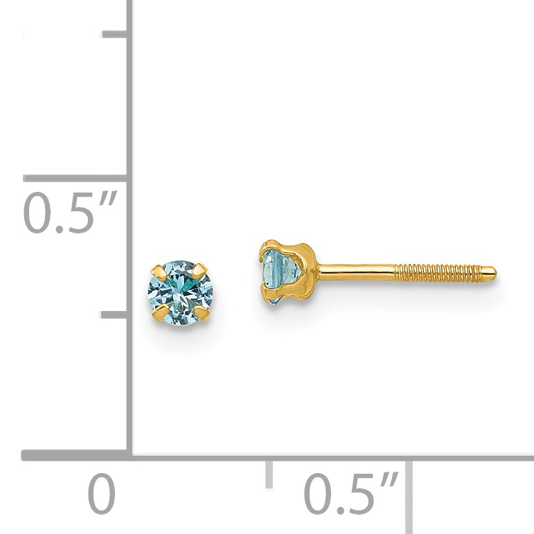 14K Yellow Gold Madi K 3mm Imitation Blue Zircon Birthstone Earrings (Dec)