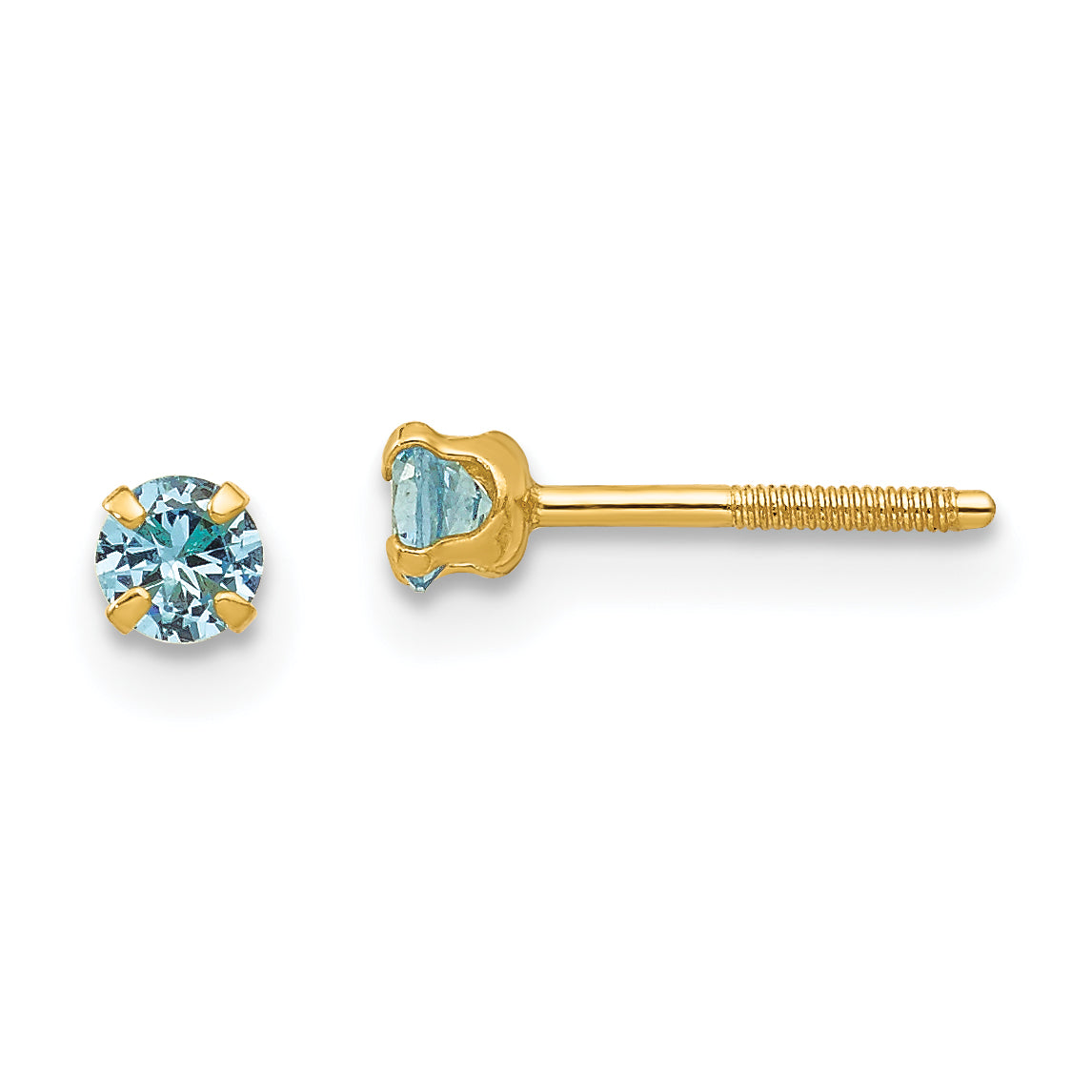 14K Yellow Gold Madi K 3mm Imitation Blue Zircon Birthstone Earrings (Dec)