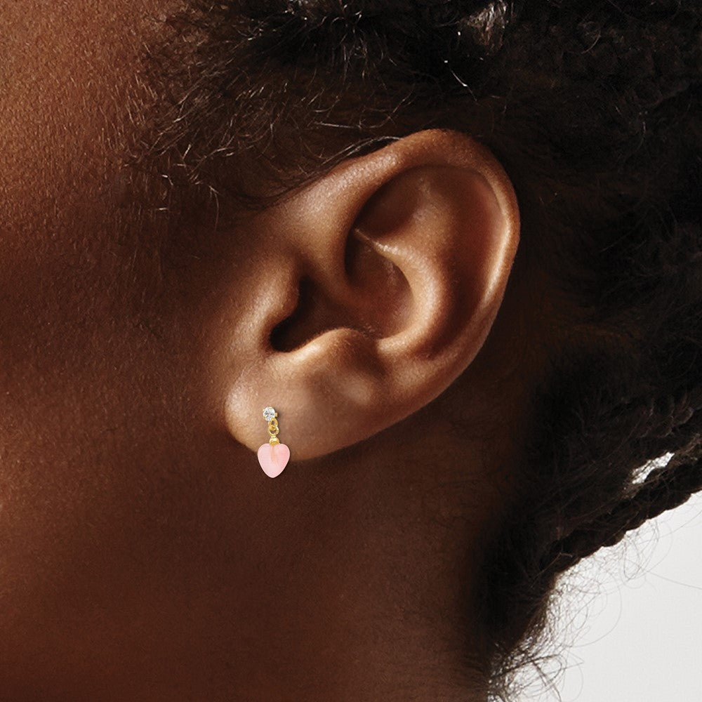 14K Yellow Gold Madi K Cz And Pink Cat'S Eye Heart Dangle Post Earrings