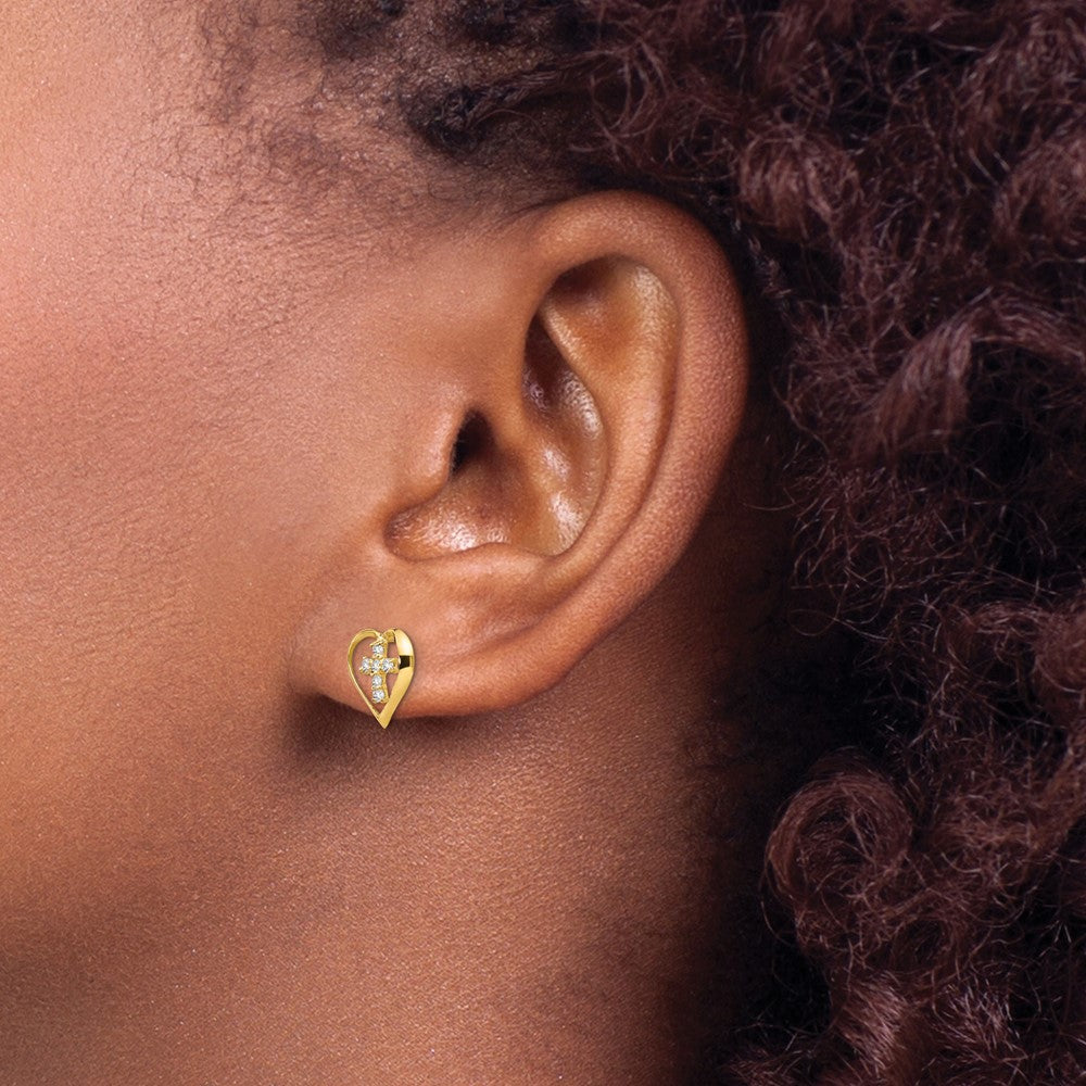 14K Yellow Gold Madi K Cz Children'S Heart Cross Post Earrings