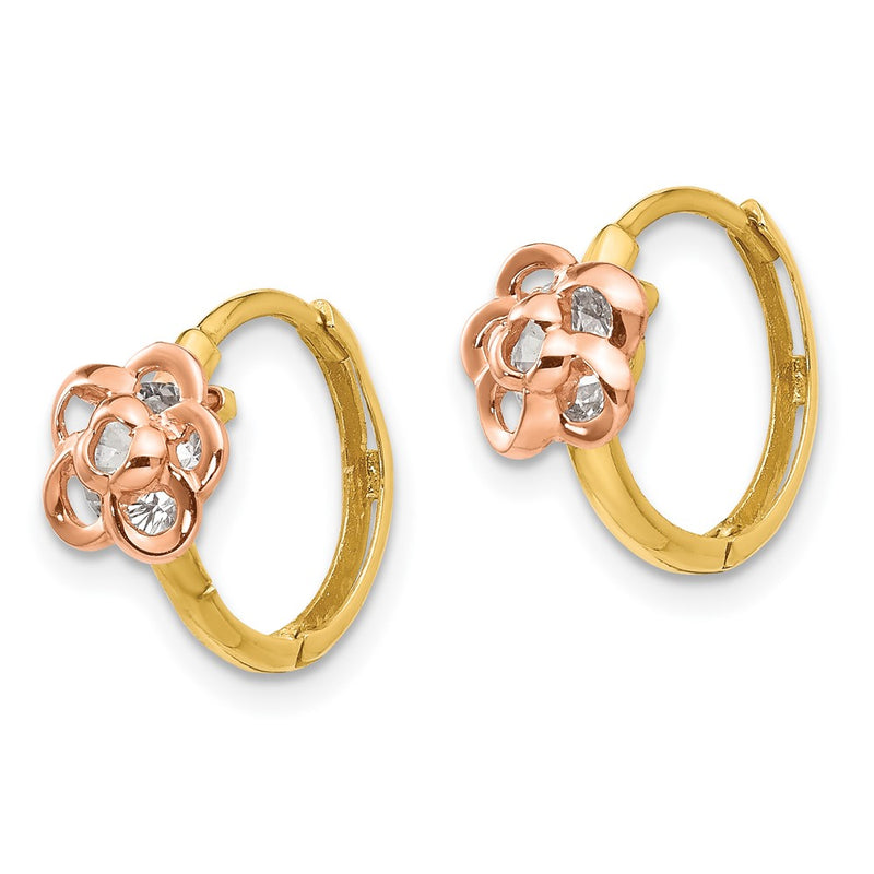 14K Two Tone Yellow & Rose Gold Madi K Cz Flower Hinged Hoop Earrings