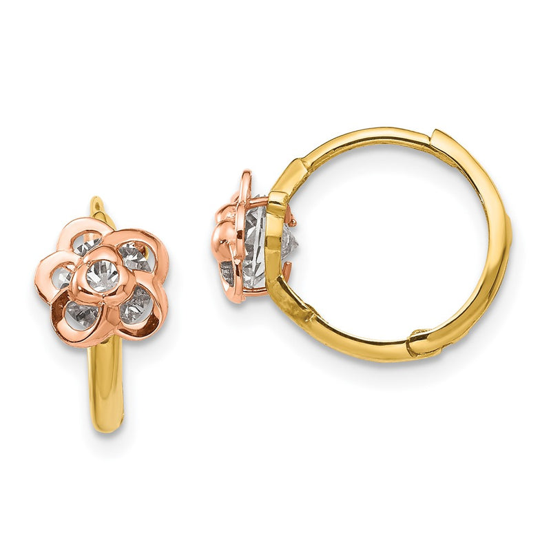 14K Two Tone Yellow & Rose Gold Madi K Cz Flower Hinged Hoop Earrings