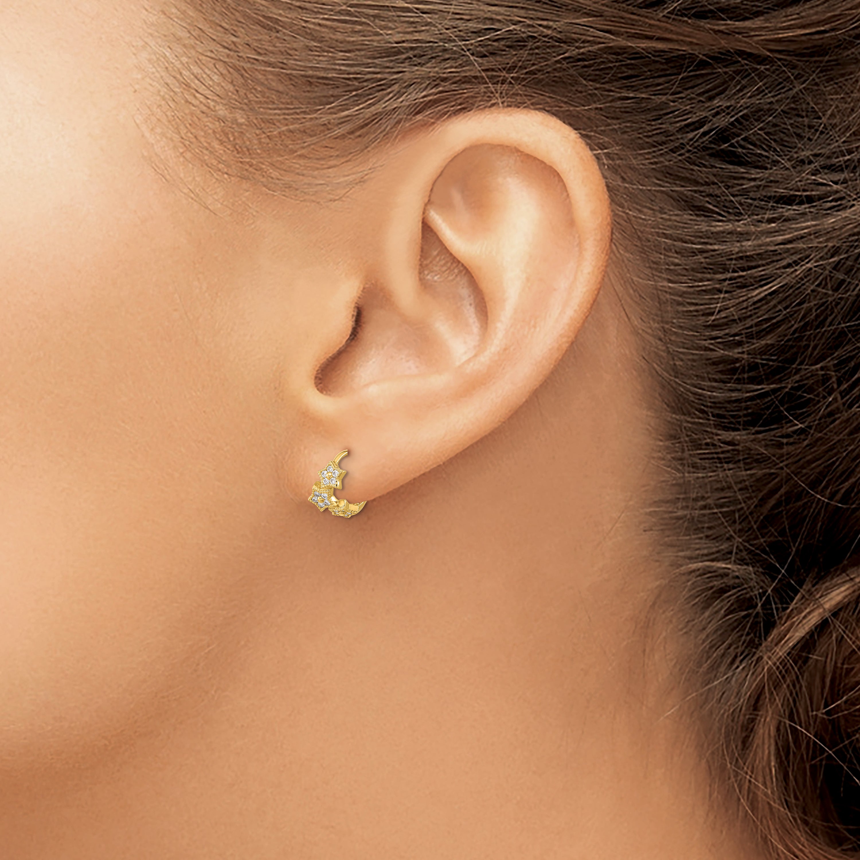 14K Yellow Gold Madi K Cz 3 Star Hinged Hoop Earrings