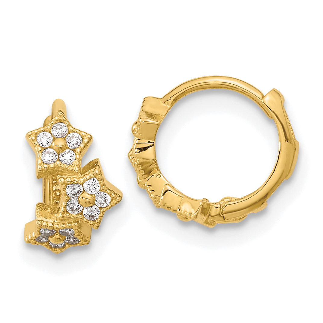 14K Yellow Gold Madi K Cz 3 Star Hinged Hoop Earrings