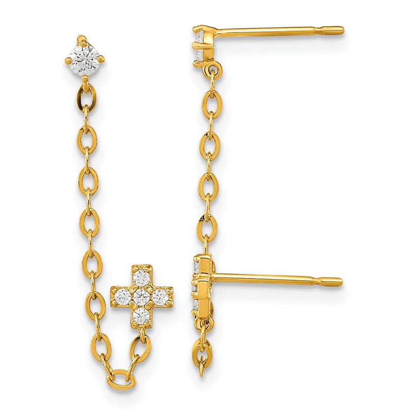14K Yellow Gold Madi K Double Post Chain Cz Cross Earring (Single)