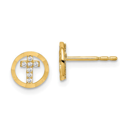14K Yellow Gold Madi K Cz Diamond Cut Circle Cross Post Earrings